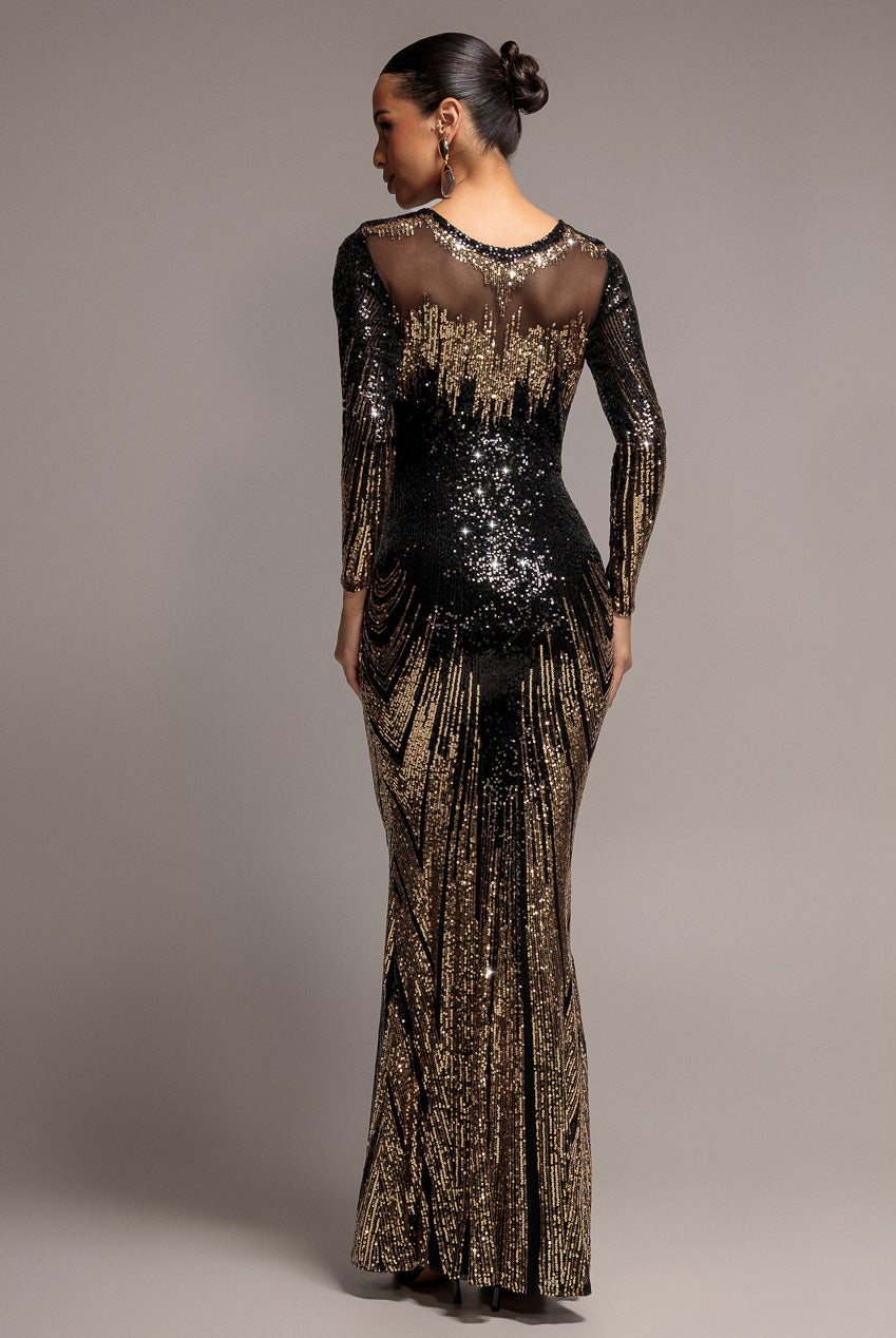Long Sleeve Aztec Sequin Maxi Dress - Gold DR3490