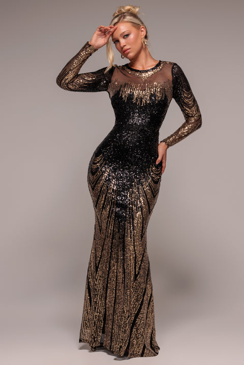Long Sleeve Aztec Sequin Maxi Dress - Gold by Goddiva