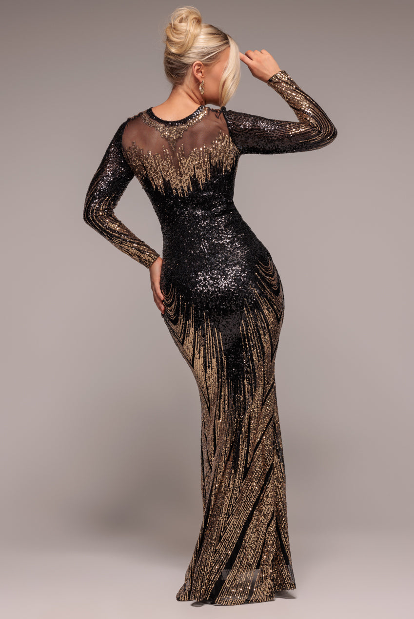 Long Sleeve Aztec Sequin Maxi Dress - Gold DR3490