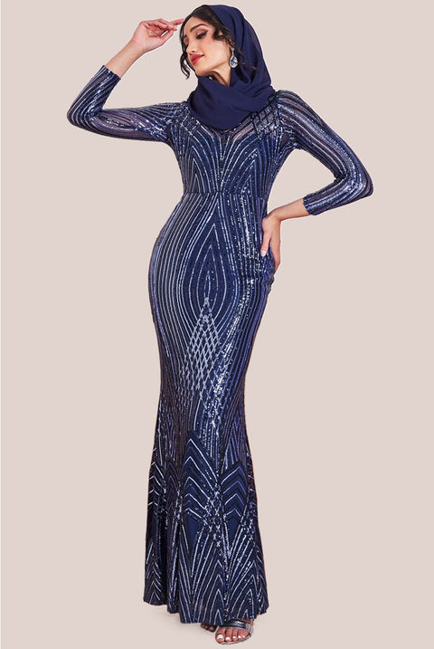 Goddiva Modesty Two Toned Sequin Maxi - Navy