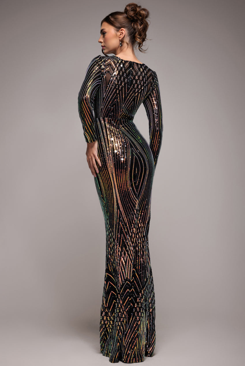 Two Toned V Neck Sequin Maxi - Black DR3494