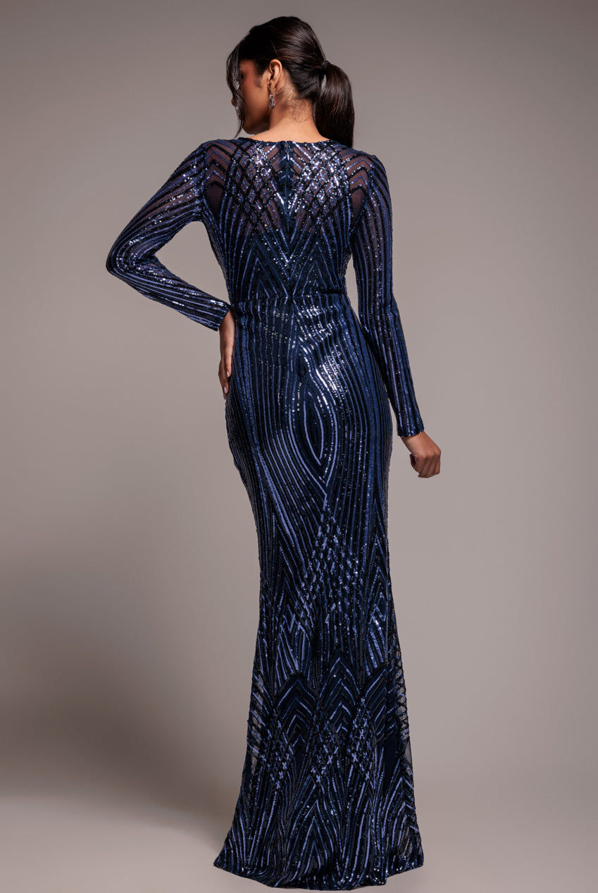 Two Toned V Neck Sequin Maxi - Navy DR3494