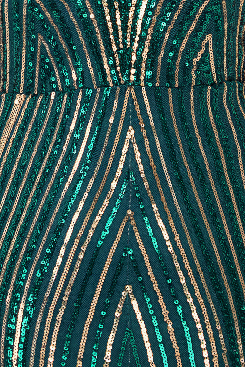 Two Toned V Neck Sequin Maxi - Emerald Green DR3494