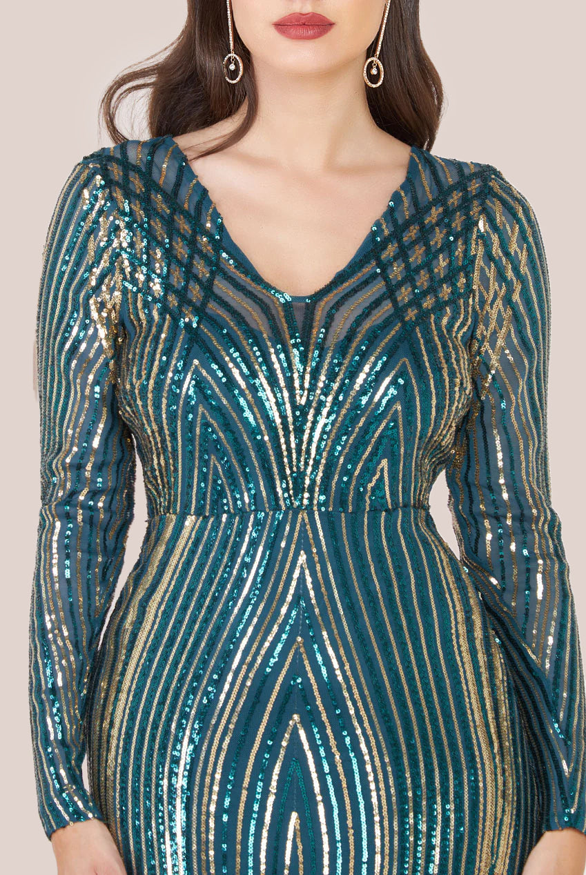 Two Toned V Neck Sequin Maxi - Emerald Green DR3494