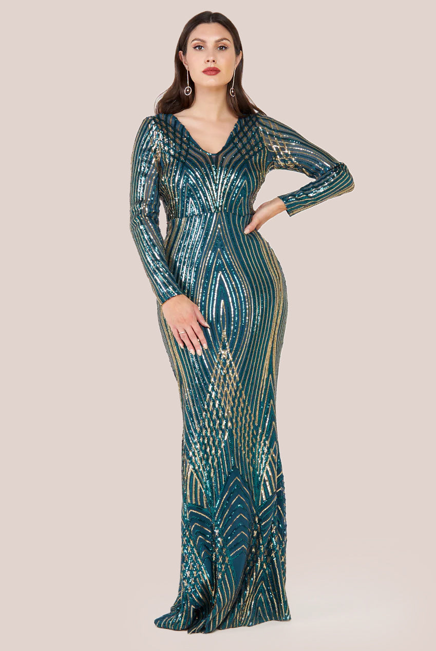 Two Toned V Neck Sequin Maxi - Emerald Green DR3494