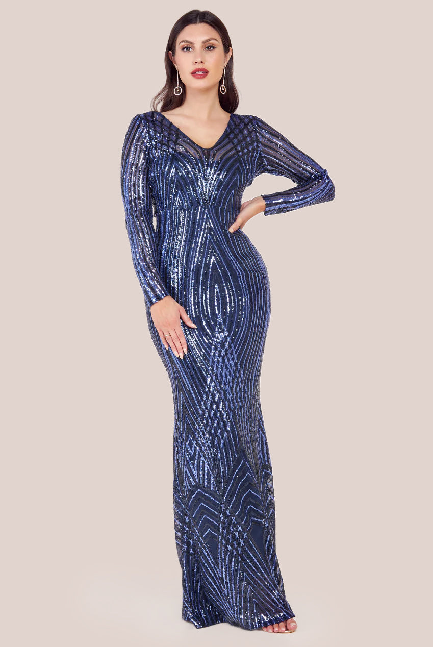 Two Toned V Neck Sequin Maxi - Navy DR3494