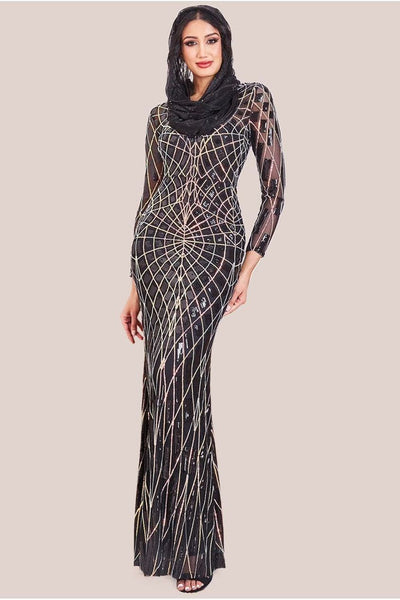 Geo Sequin Long Sleeve Maxi Dress - Black | Goddiva