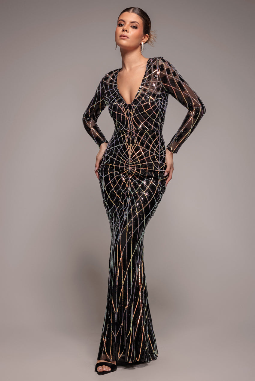 Geo Sequin Long Sleeve Maxi Dress - Black DR3495