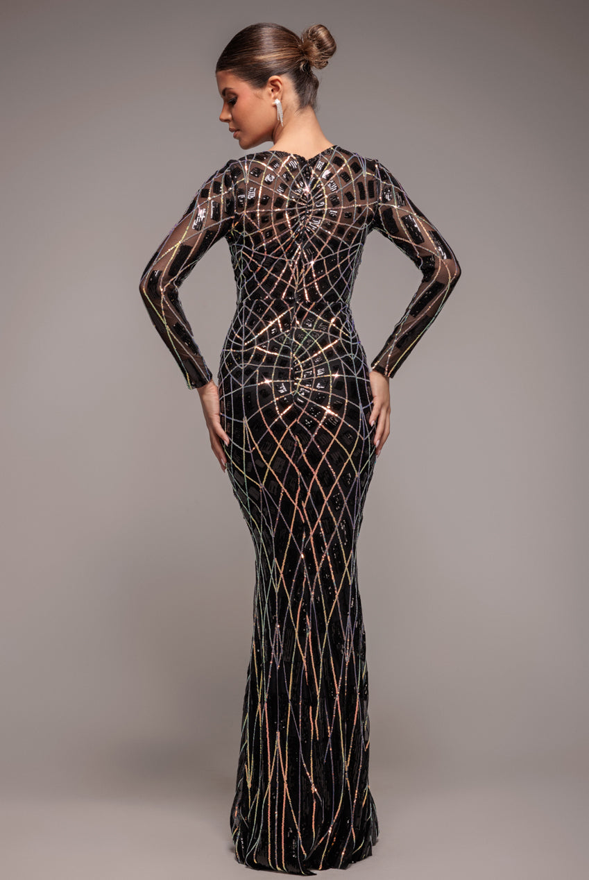 Geo Sequin Long Sleeve Maxi Dress - Black DR3495