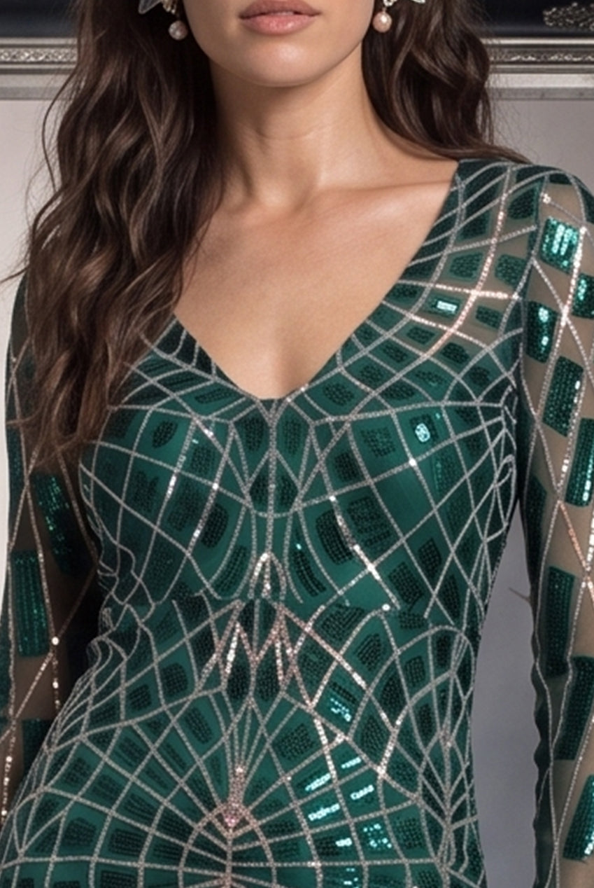Iridescent Long Sleeve Sequin Mermaid Inspired Halloween Costume - Emerald Green DR3495-HAL