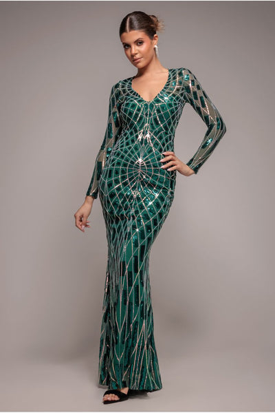 Geo Sequin Long Sleeve Maxi Dress - Emerald | Goddiva Geo Sequin Long Sleeve Maxi Dress - Emerald | Goddiva
