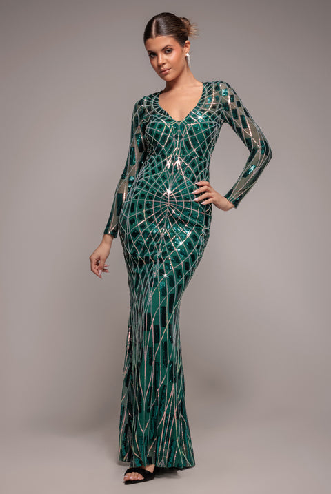 Geo Sequin Long Sleeve Maxi Dress - Emerald by Goddiva