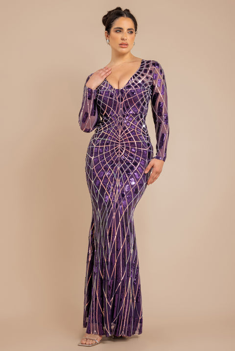 Geo Sequin Long Sleeve Maxi Dress - Purple by Goddiva