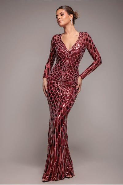 Geo Sequin Long Sleeve Maxi Dress - Wine by Goddiva