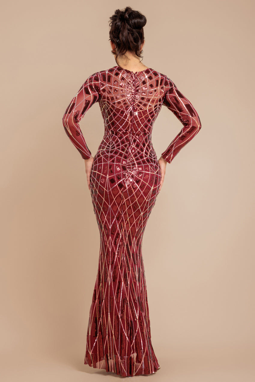 Geo Sequin Long Sleeve Maxi Dress - Wine DR3495