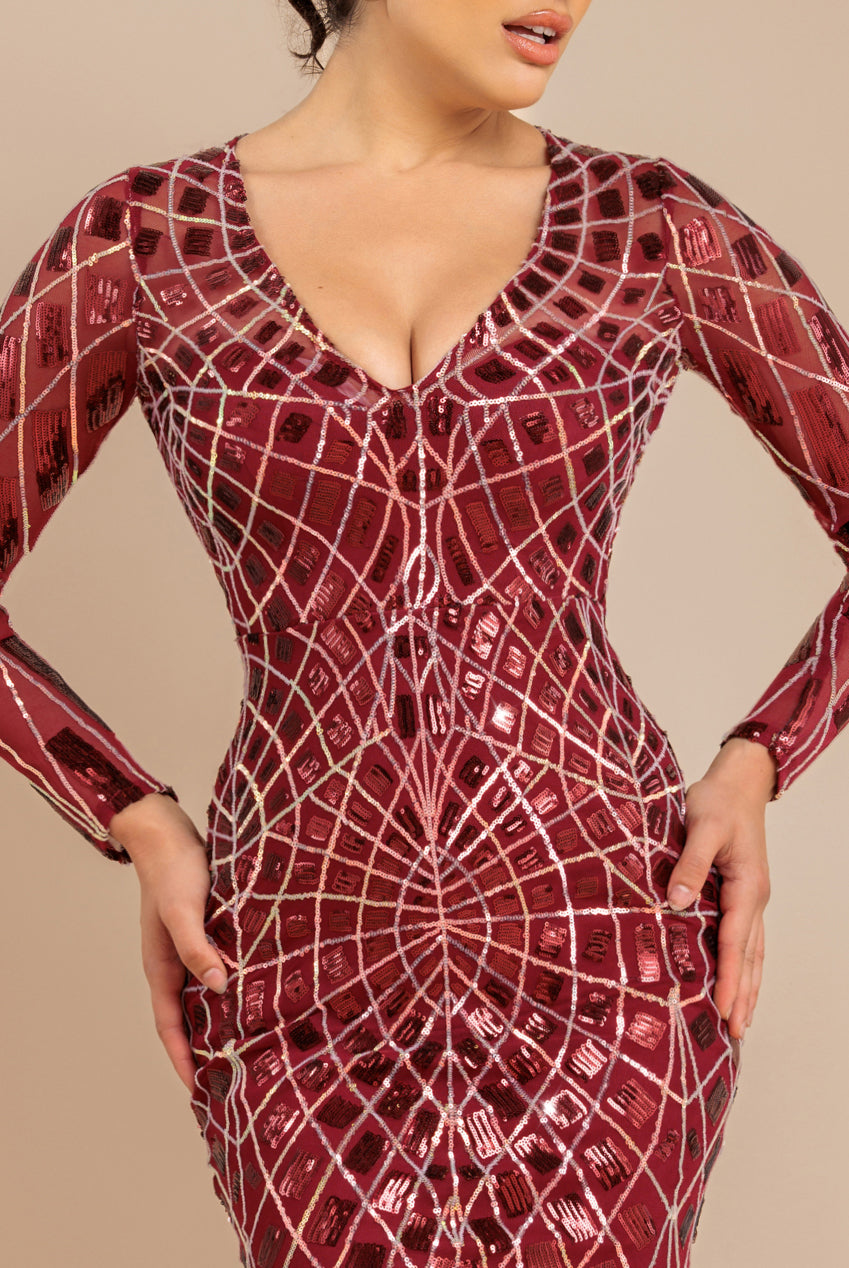 Geo Sequin Long Sleeve Maxi Dress - Wine DR3495