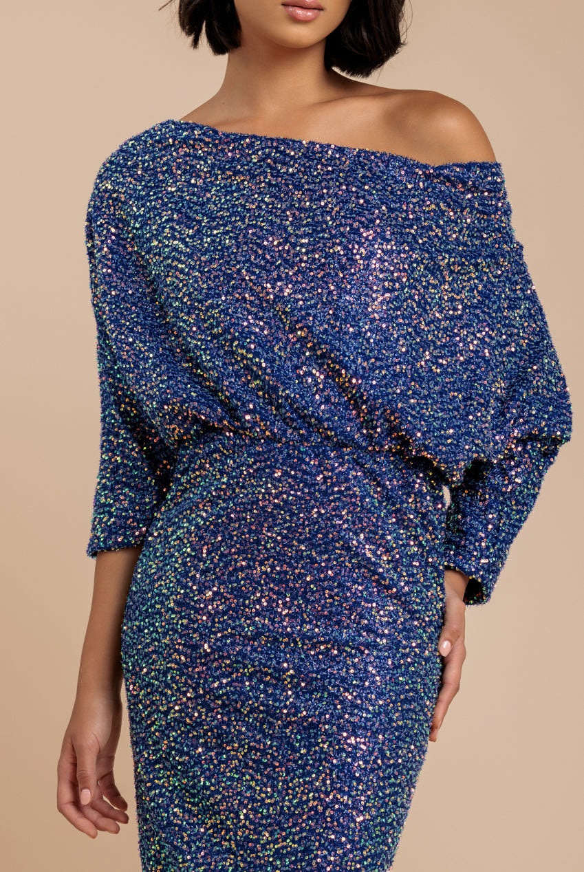 Sequin Cowl Neck Midi Dress - Royal Blue DR3497