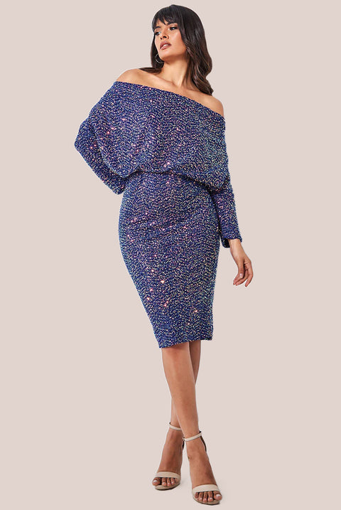 Sequin Cowl Neck Midi Dress - Royal Blue DR3497