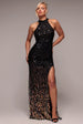 Ombre Sequin Halter Maxi With Thigh Split - Black by Goddiva
