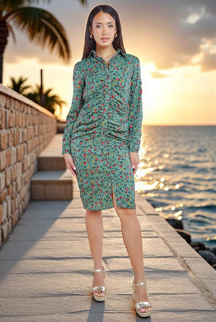 Floral Print Shirt Dress - Sage Green DR3499