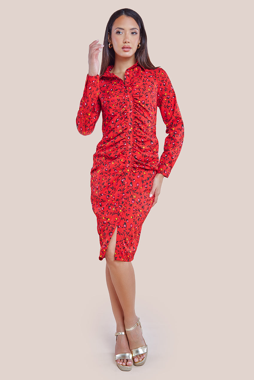 Floral Print Shirt Dress - Red DR3499