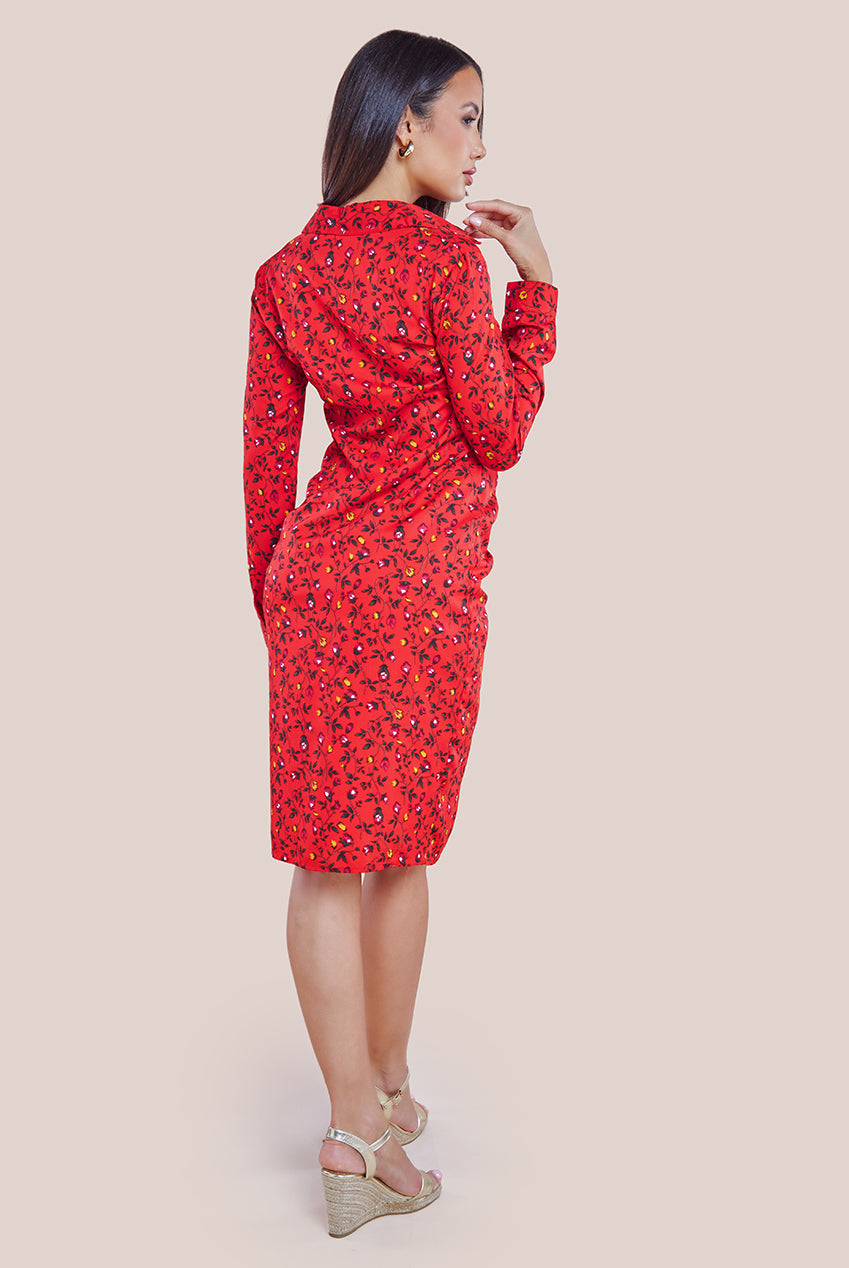 Floral Print Shirt Dress - Red DR3499