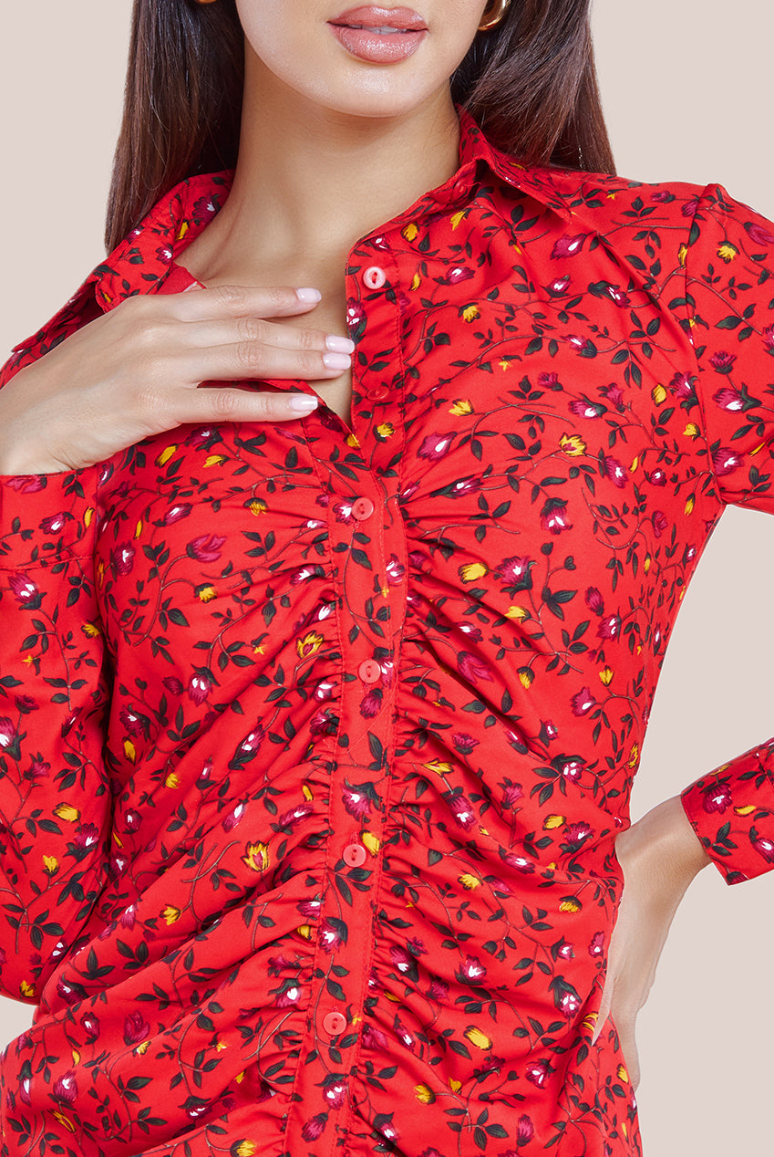 Floral Print Shirt Dress - Red DR3499