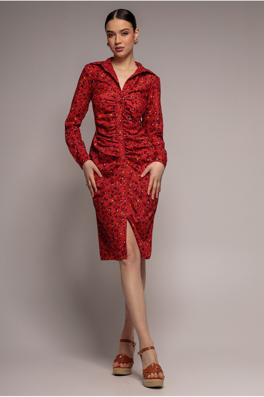 Floral Print Shirt Dress - Red DR3499