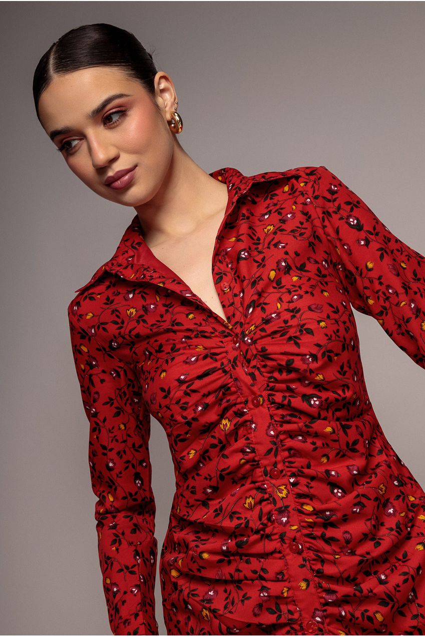 Floral Print Shirt Dress - Red DR3499