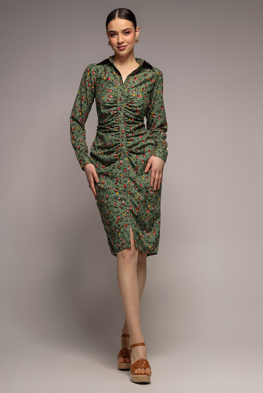 Floral Print Shirt Dress - Sage Green DR3499