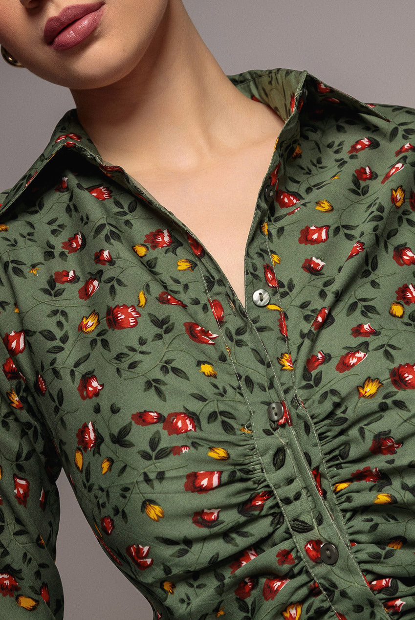 Floral Print Shirt Dress - Sage Green DR3499