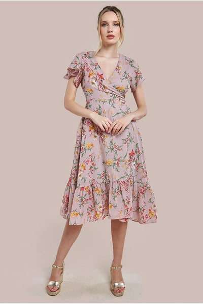 Beige - Wrap Flutter Sleeve Floral Midi Dress - Beige by City Goddess