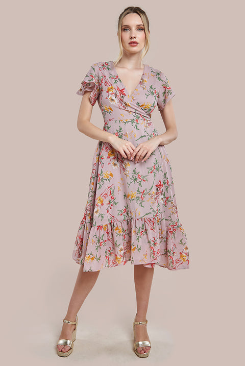 Wrap Flutter Sleeve Floral Midi Dress - Beige DR3500