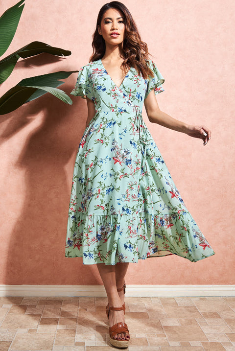 Wrap Flutter Sleeve Floral Midi Dress - Mint DR3500