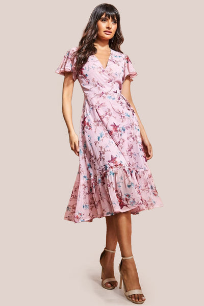 Peach - Wrap Flutter Sleeve Floral Midi Dress - Peach by City Goddess