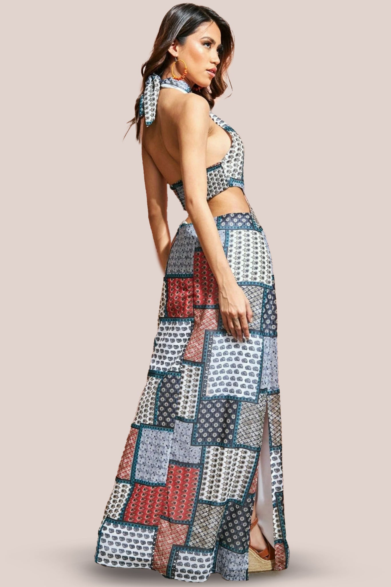 Halter Neck Printed Maxi Dress - Blue DR3504