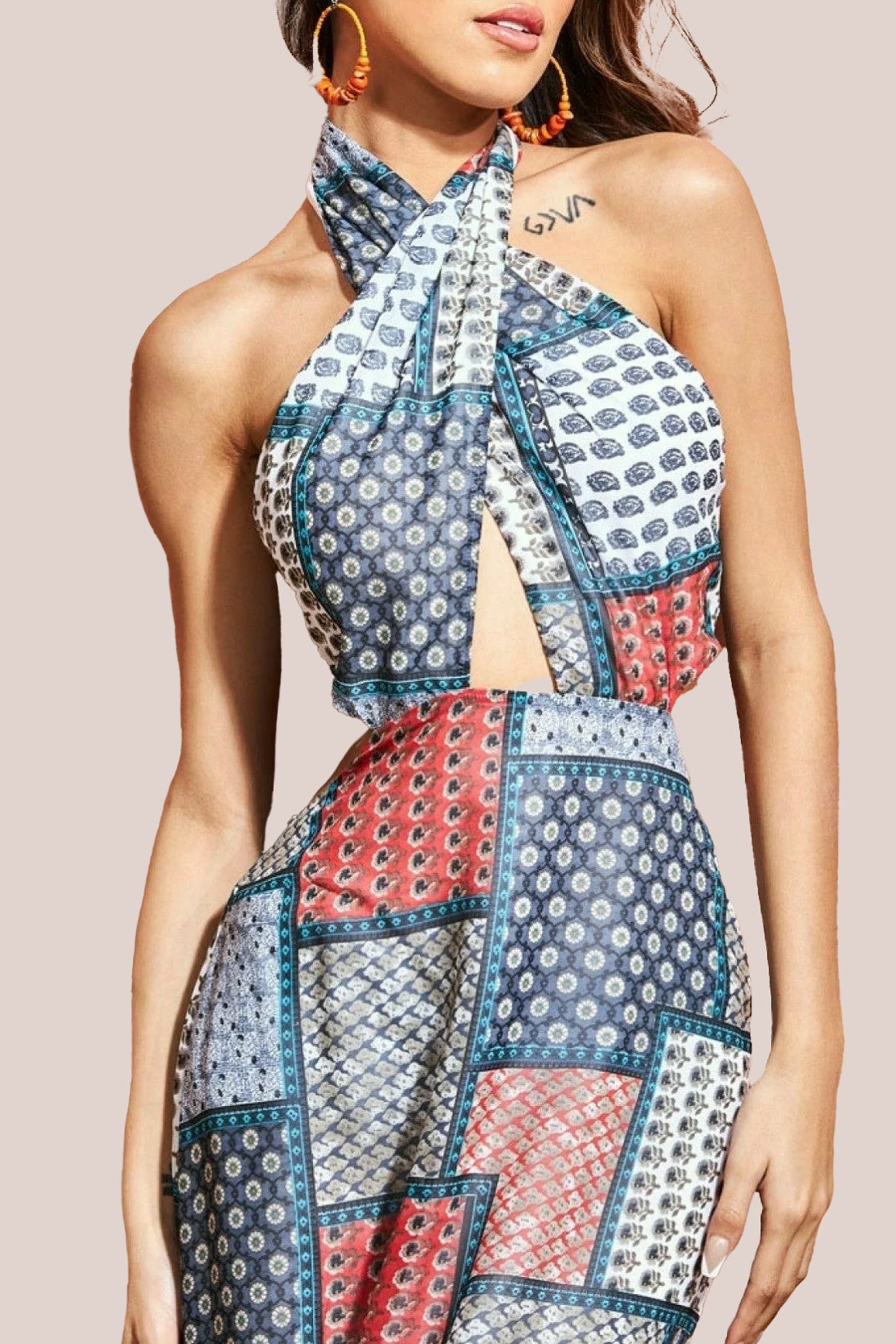 Halter Neck Printed Maxi Dress - Blue DR3504