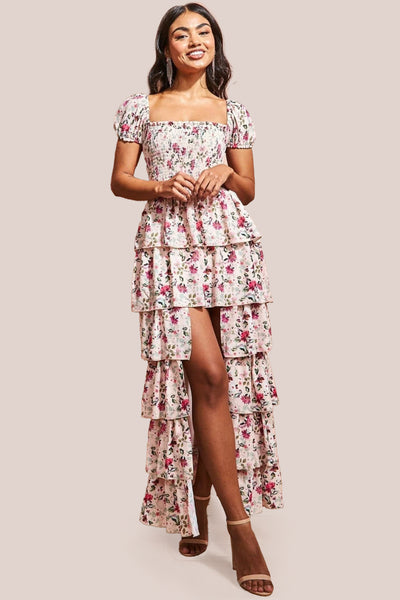 Beige - Layered Dipped Hem Floral Maxi - Beige by Goddiva