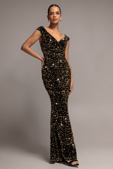 Multi Sequin & Velvet Bardot Maxi - Gold by Goddiva