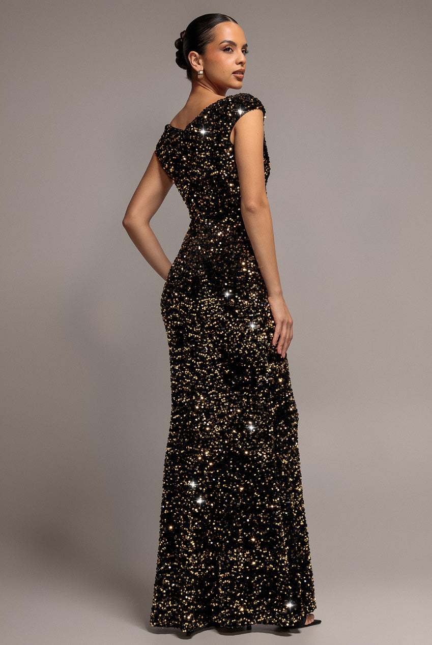 Multi Sequin & Velvet Bardot Maxi - Gold DR3512