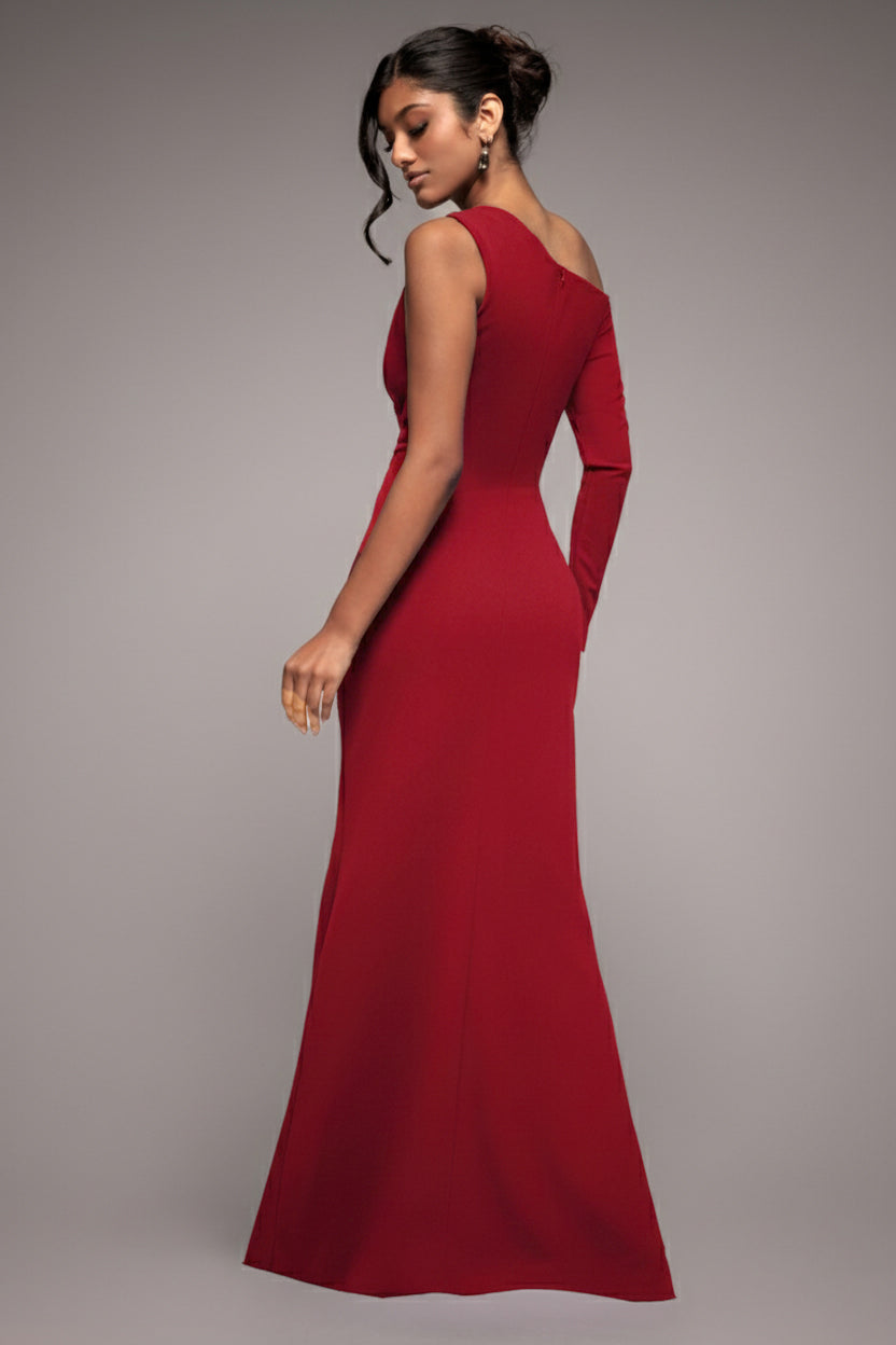 One Shoulder Front Split Scuba Maxi - Wine DR3518