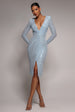 Sequined Lurex Long Sleeve Wrap Midi Dress - Light Blue by Goddiva