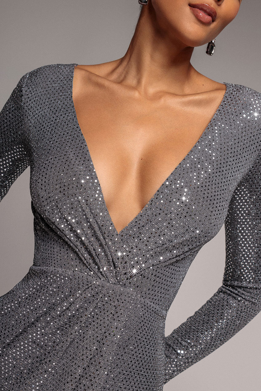 Sequined Lurex Long Sleeve Wrap Midi Dress - Silver DR3521