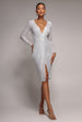 Sequined Lurex Long Sleeve Wrap Midi Dress - White by Goddiva