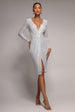 Sequined Lurex Long Sleeve Wrap Midi Dress - White by Goddiva