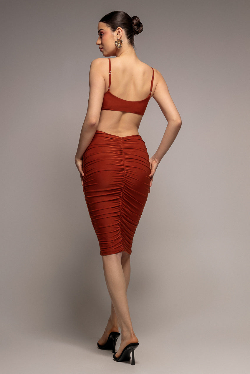 Cut Out Ruched Bodycon Midi Dress - Rust DR3522