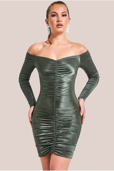 Khaki - Off The Shoulder Ruched Mini - Khaki by Goddiva