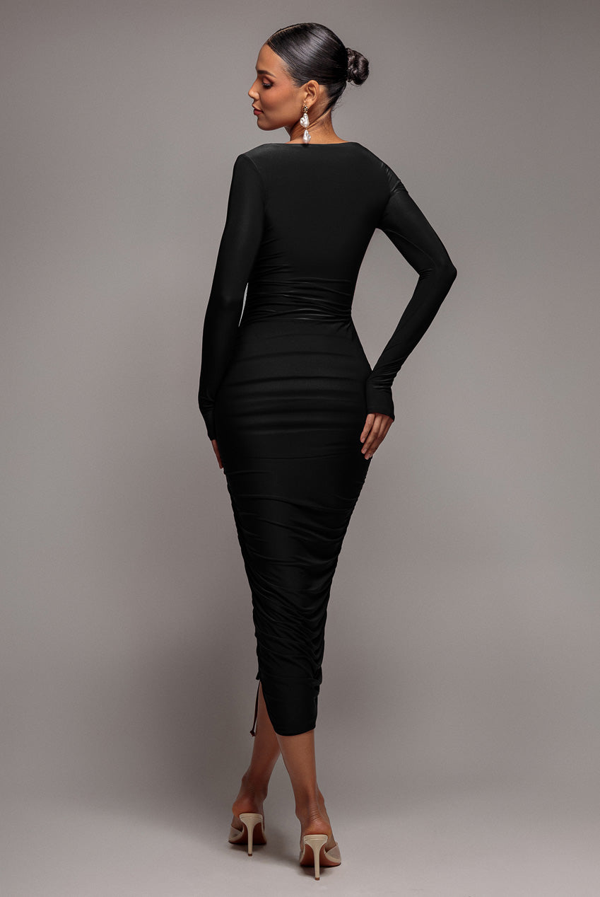 Asymmetrical Neck Ruched Midi Dress - Black DR3541