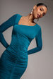 Asymmetrical Neck Ruched Midi Dress - Teal by Goddiva