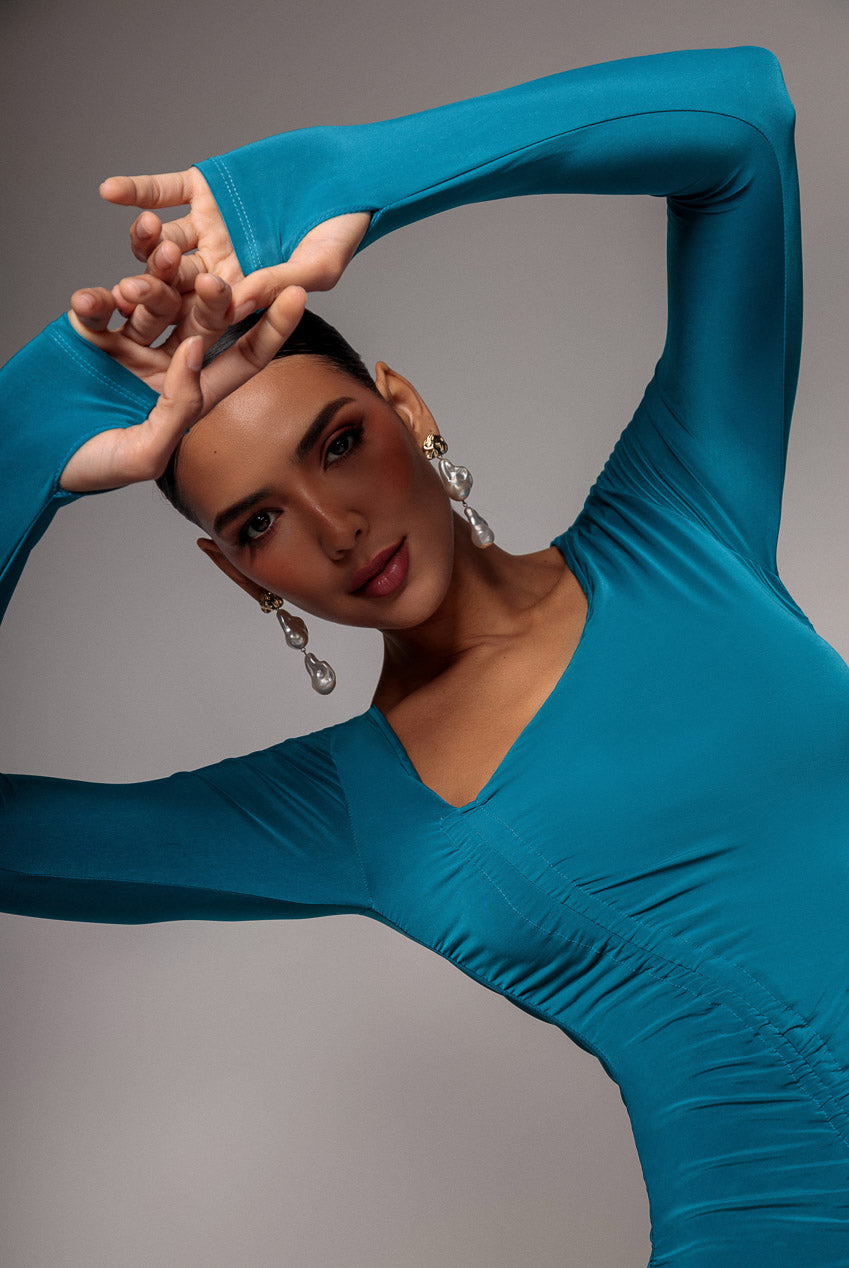 Asymmetrical Neck Ruched Midi Dress - Teal DR3541